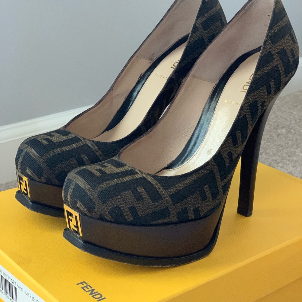 FENDI
Tobacco Zucca Print Canvas Fendista Platform Pumps